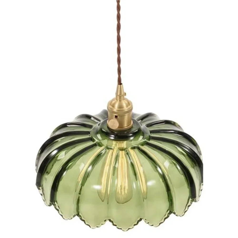 NEW West Elm Vintage Green Retro Glass Hanging Gold Floral Pendant Light Fixture